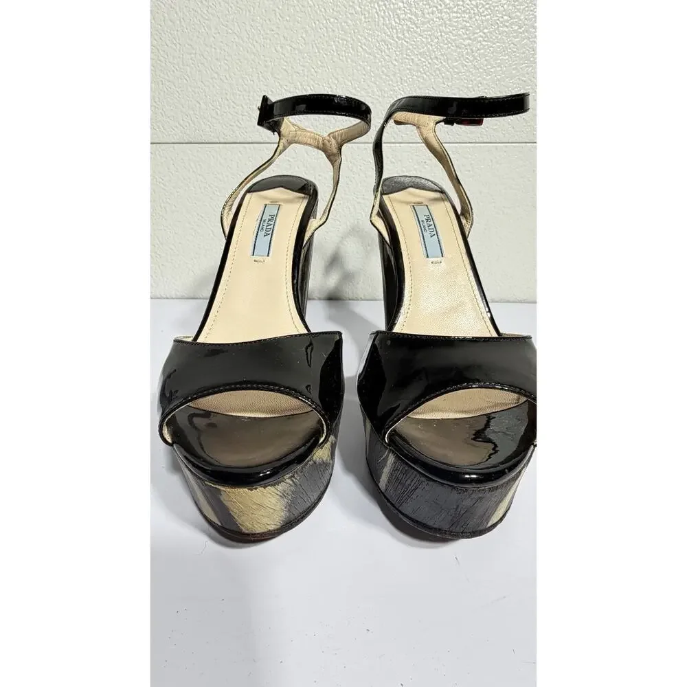 Prada Platform Heels Black Patent Wood Grain Ankle Strap Sz 37 - Picture 7 of 14